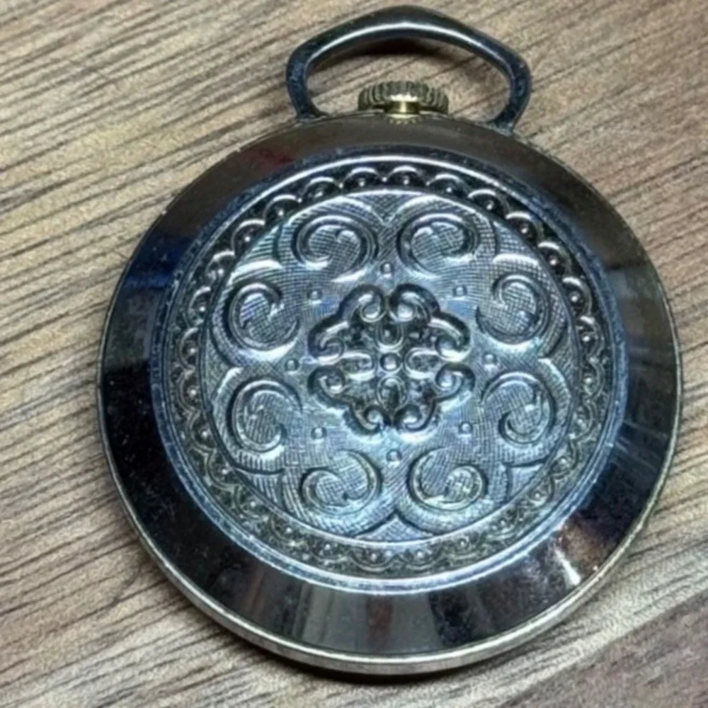 Vintage Barkley Swiss Made Pocket Watch Linen Dial Embossed Scroll Back
